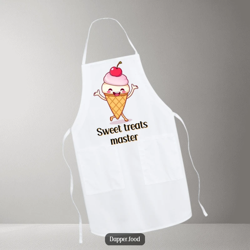 Funny ice cream cone jig apron, showing a cherry-topped cone dancing happily while you cook. A great funny gift for foodies.
