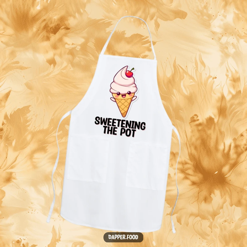 Funny apron with a happy ice cream cone character with a cherry topping sliding, perfect for humorous kitchen wear.