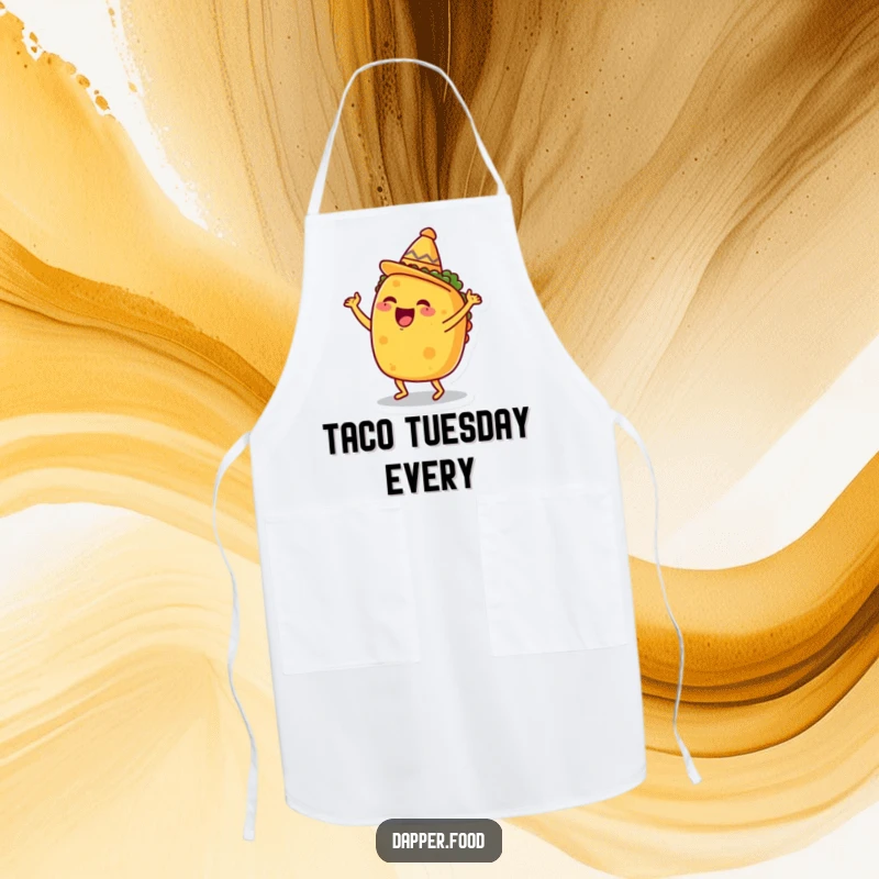 Funny Taco Apron, happily dancing with a tiny sombrero, bringing humorous fiesta spirit to the kitchen.