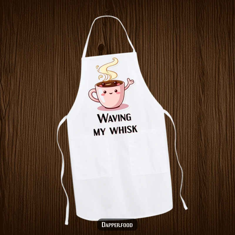 Funny Coffee Cup Apron showing a charming character with swirling steam, waving, designed for a fun and humorous cooking experience.