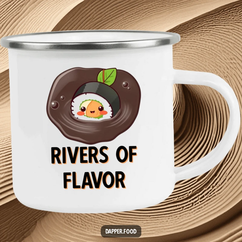 Funny Kawaii sushi camping mug showing a cute sushi roll character happily swimming in soy sauce.