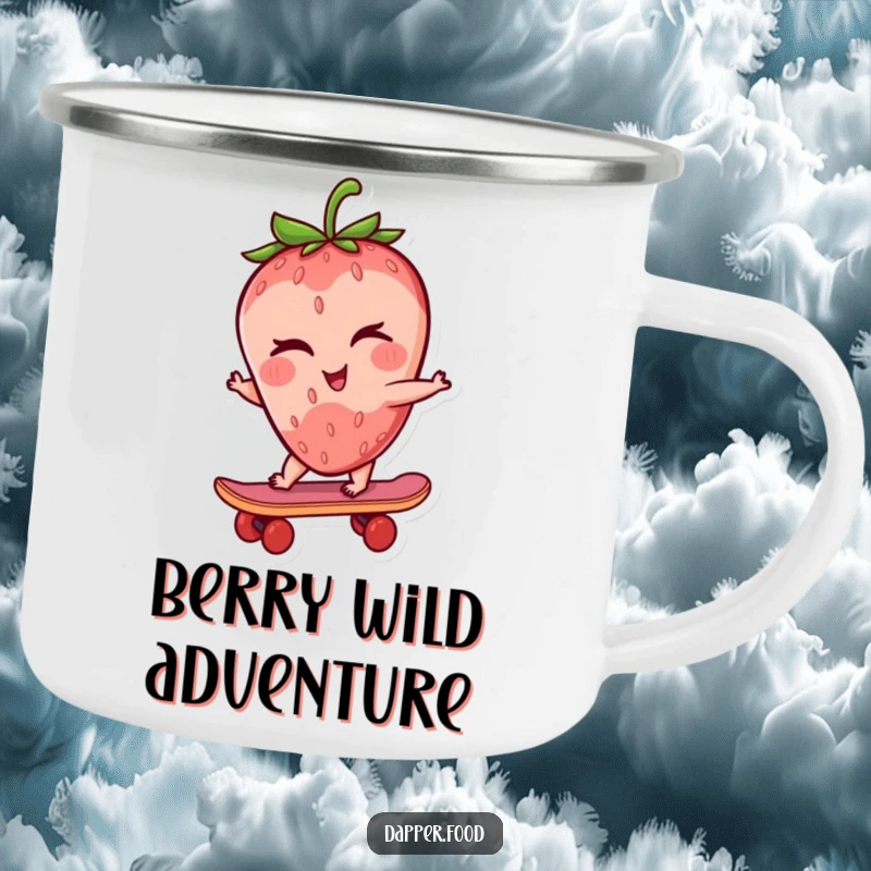 Funny strawberry camping mug featuring a winking strawberry character riding a tiny skateboard, ready for outdoor fun.