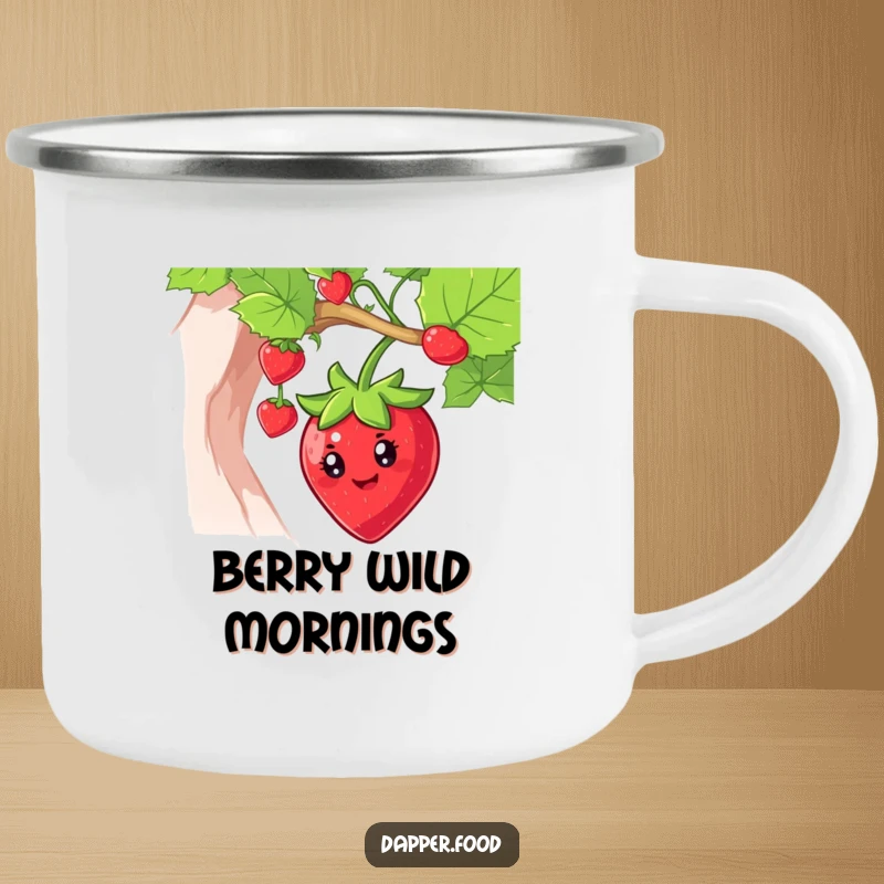 Funny strawberry camping mug with a smiling character swinging from a vine, ideal for enjoying drinks outdoors.