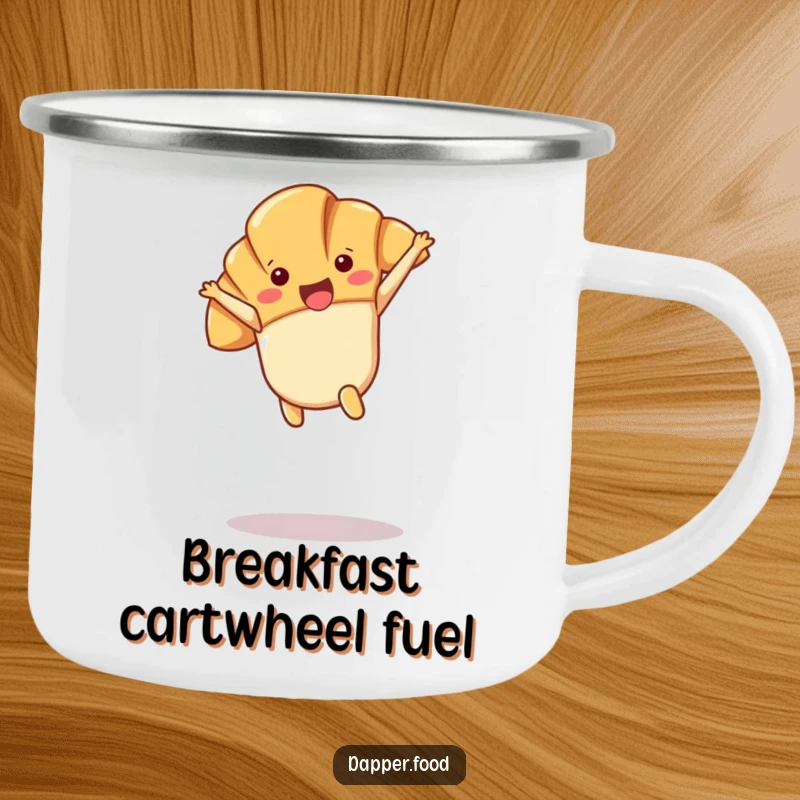 Funny Kawaii croissant character doing a cartwheel in mid-air, featured on a sturdy camping mug.
