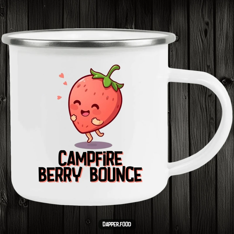 Funny Kawaii strawberry character giggling while bouncing on its stem, featured on a sturdy camping mug.