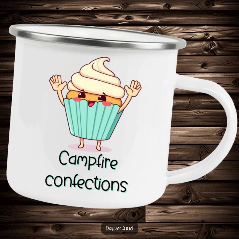 Funny Camping Mug showing a giggling cupcake character giving a giant high-five with tiny arms.