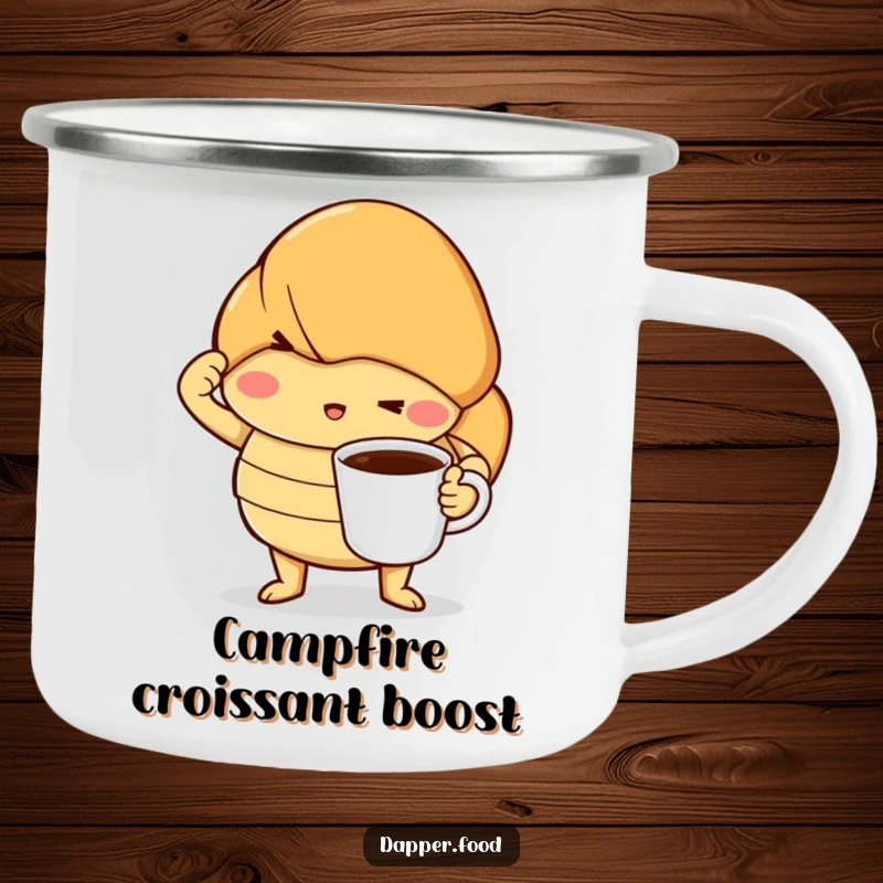 Funny enamel camping mug with a determined croissant striking a dramatic pose with a tiny coffee cup, perfect for outdoor coffee breaks.