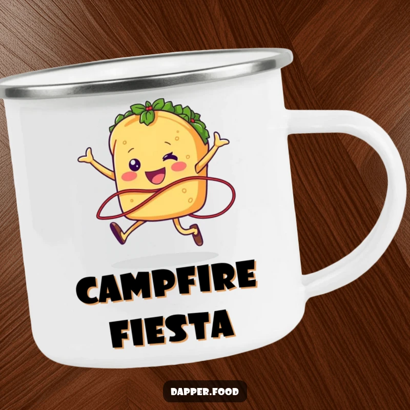 Funny taco character jumping rope with salsa on a sturdy camping mug, adding humor to outdoor trips.