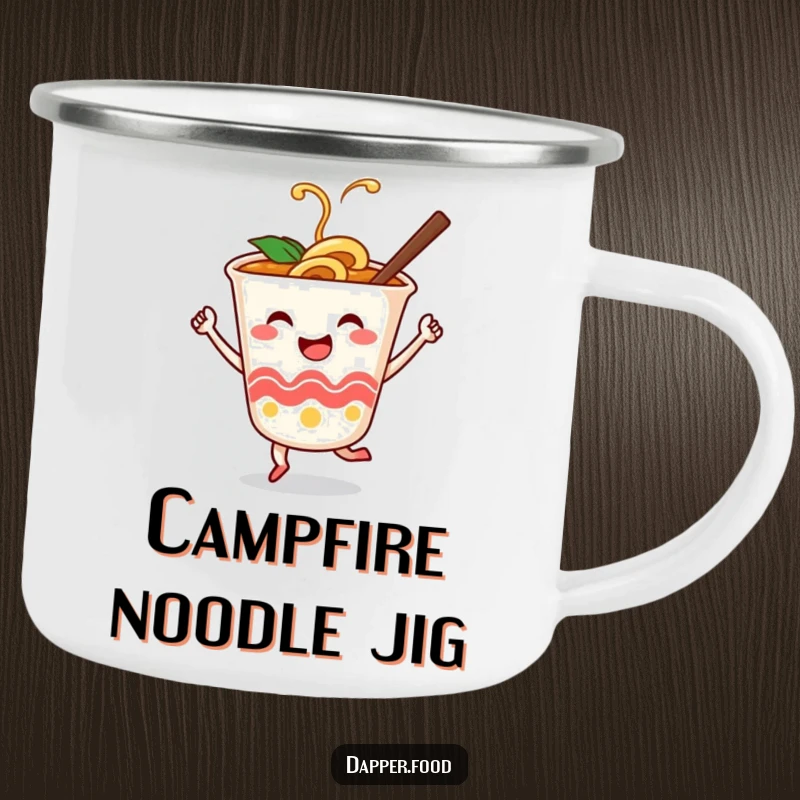 Funny camping mug with a smiling ramen cup character dancing with chopsticks, ideal for outdoor fun.