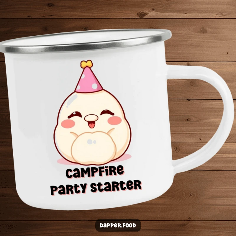 Funny dumpling camping mug, a cheerful, winking bun with a party hat, ready for campfire celebrations.