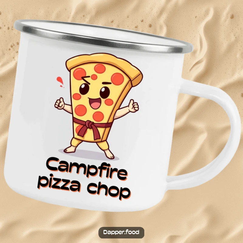 Funny Kawaii pizza slice character doing a karate chop, featured on a sturdy camping mug.