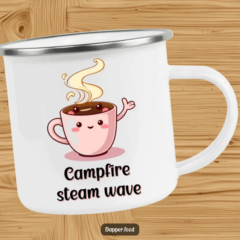 Funny Coffee Cup Camping Mug with a charming character, swirling steam, waving, built for outdoor adventures and warm, humorous moments.