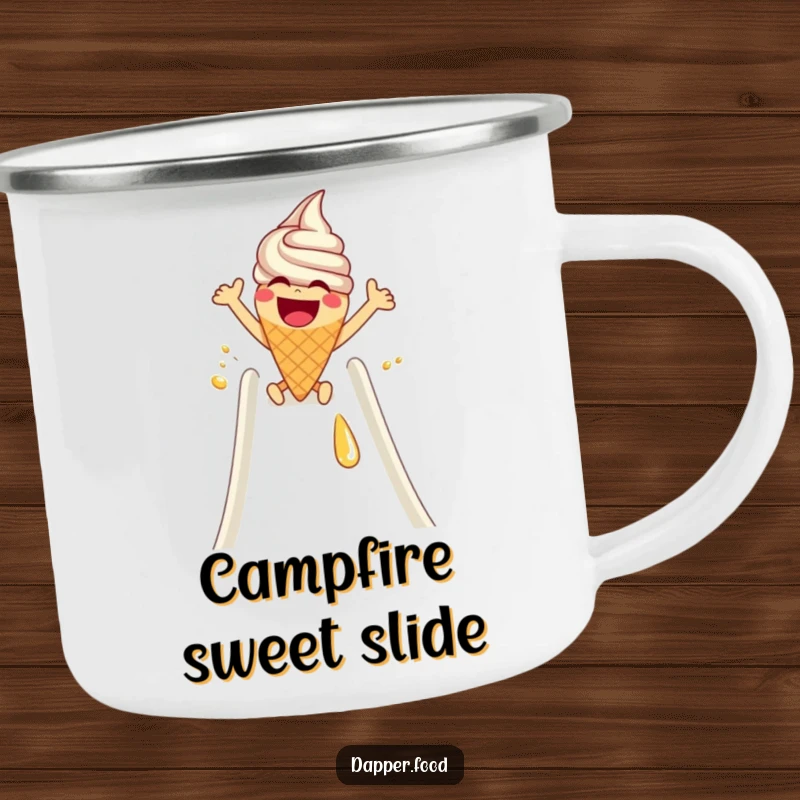 Funny Camping Mug: A laughing ice cream cone with arms slides down a syrup slide, ready for dessert adventures.
