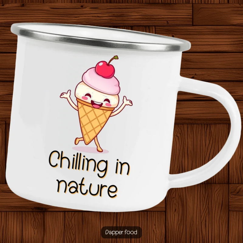 Funny ice cream cone jig camping mug with a cherry, ready for adventure, dancing joyfully. An outdoor-ready funny gift.