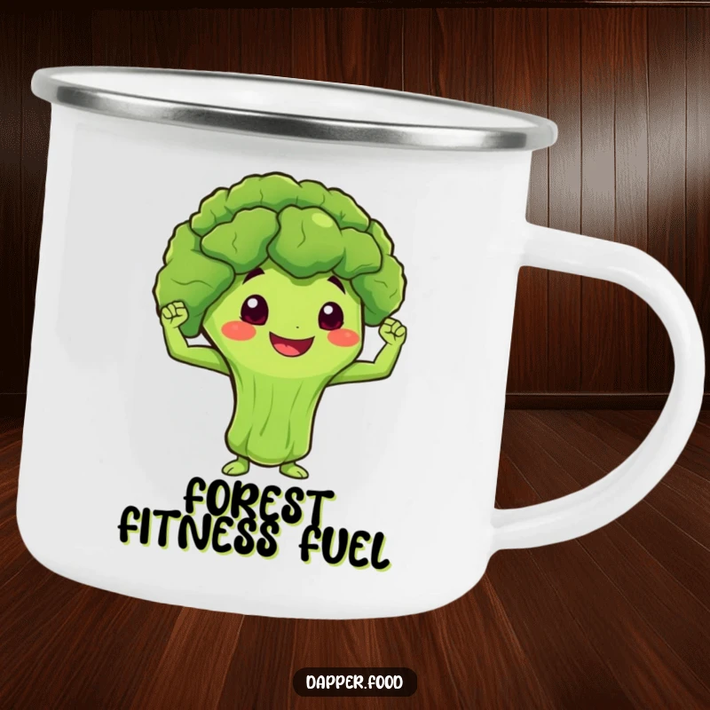 Funny Camping Mug showing a smiling broccoli character flexing miniature muscles, ready for outdoor activity.