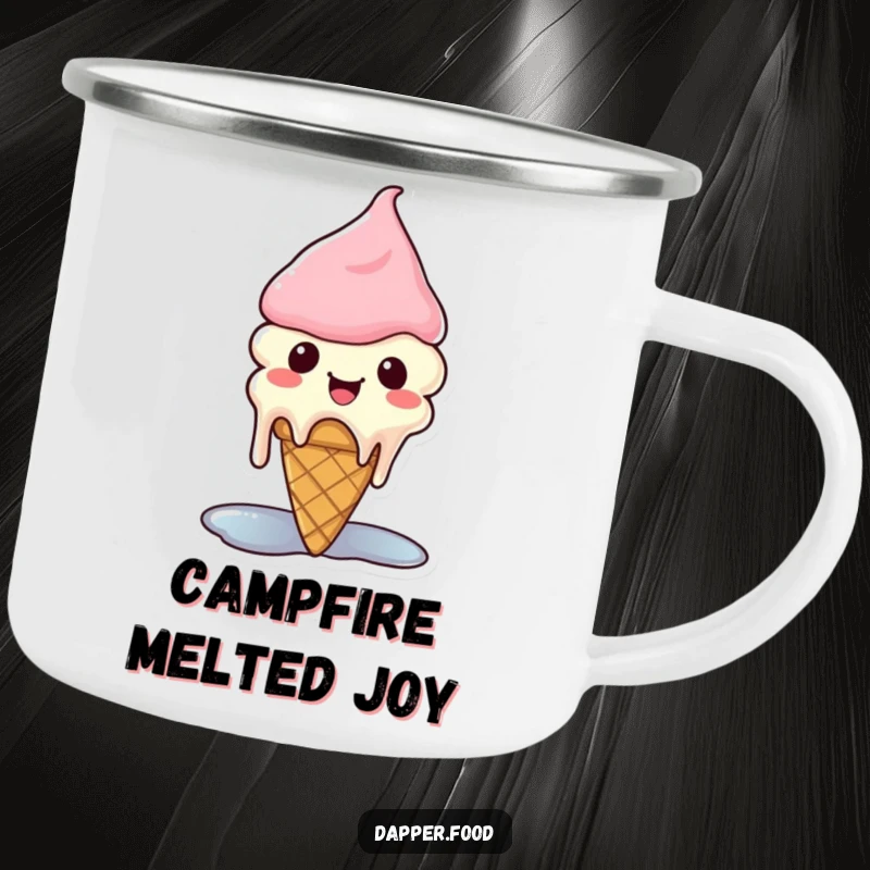Funny Kawaii ice cream camping mug showing a cute cone character melting happily.