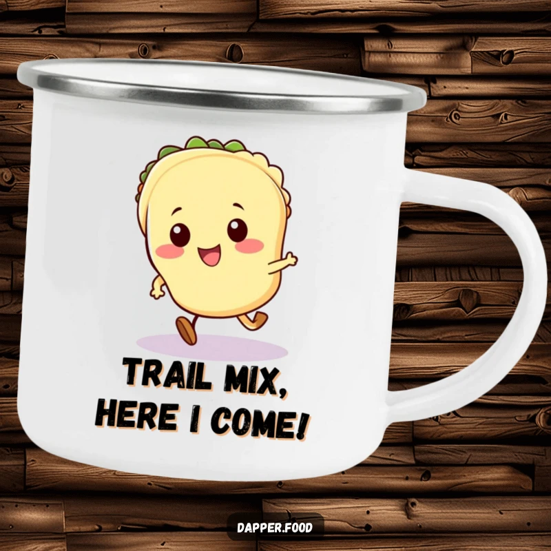 Funny Kawaii taco camping mug showcasing a cute taco character with tiny legs in a dynamic running pose.