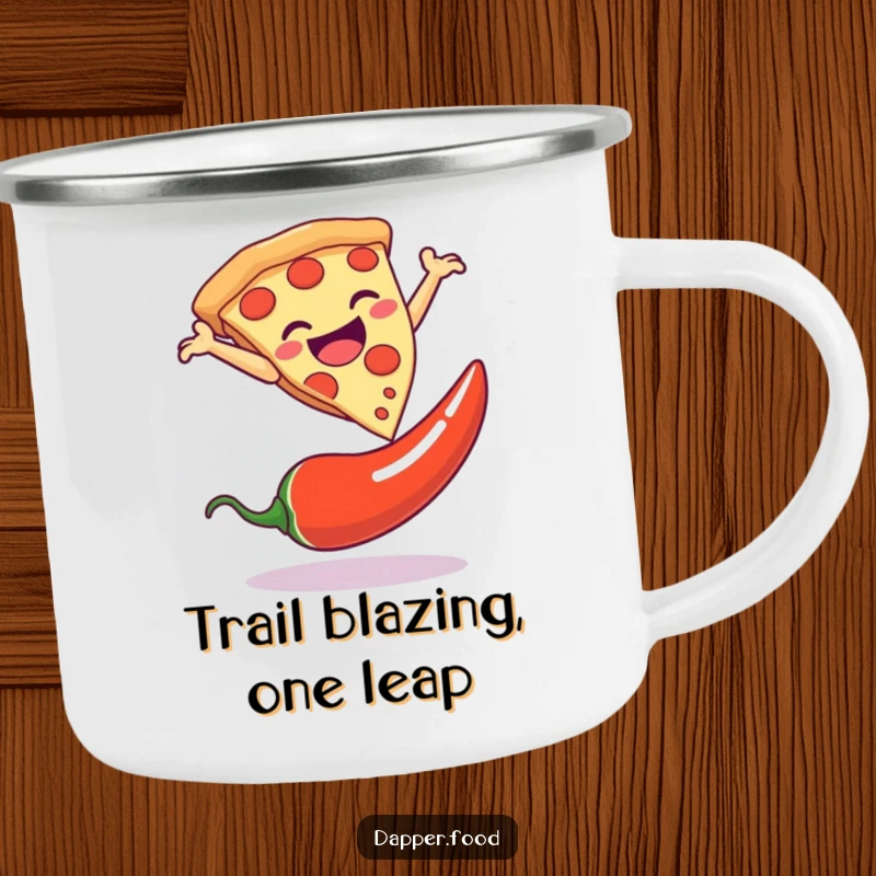 Funny camping mug featuring a pizza slice dramatically leaping over a chili pepper, perfect for outdoor adventures and jokes.
