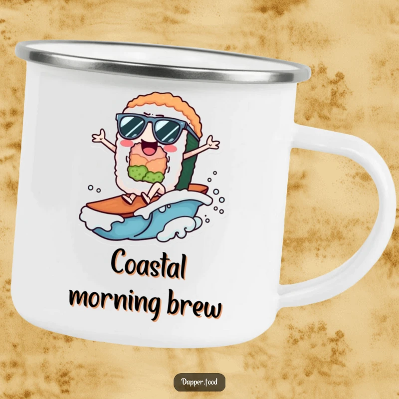 Funny Camping Mug showing a cheerful sushi roll character wearing sunglasses, riding a small wave, ready for adventure.
