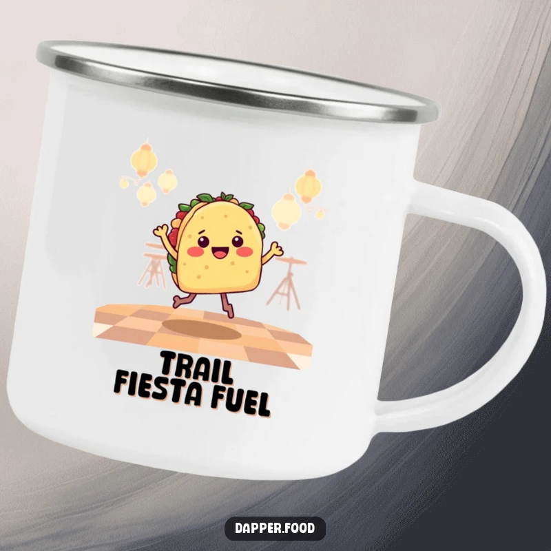 Funny Camping Mug showing a happy taco character with legs, doing a salsa jig, ready for campfire stories.