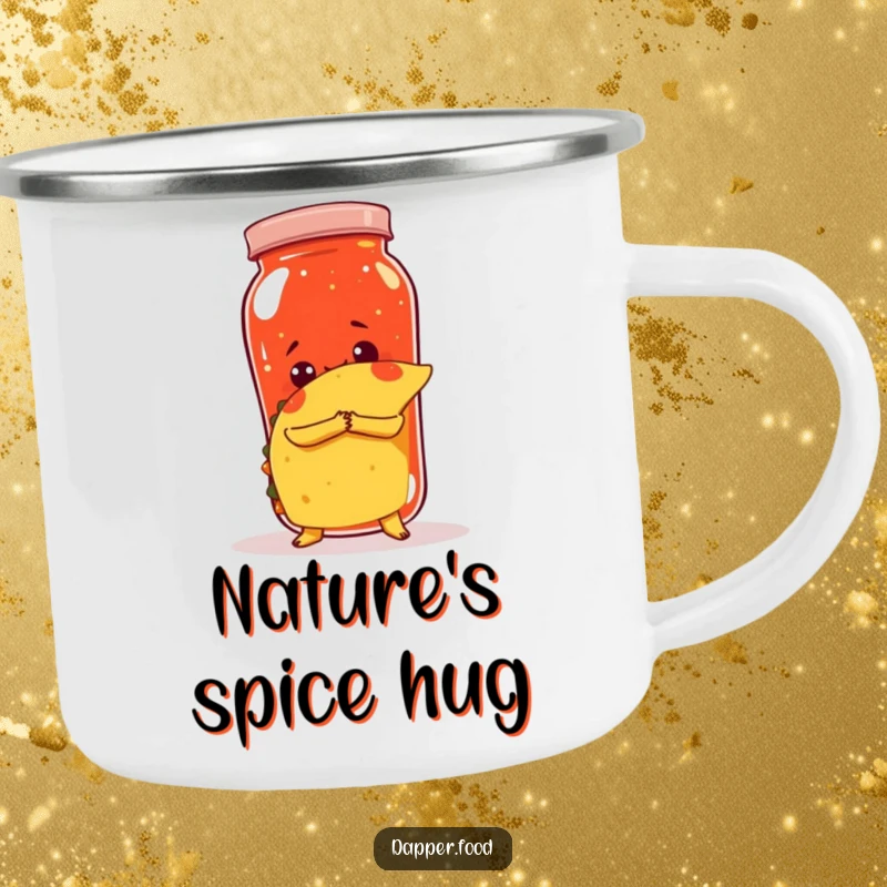 Funny camping mug featuring a taco attempting to hug a giant salsa jar, perfect for outdoor meals.