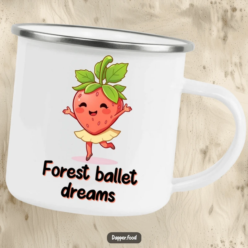Funny strawberry character doing a ballet twirl with its leaves on a camping mug, ideal for adventurers.