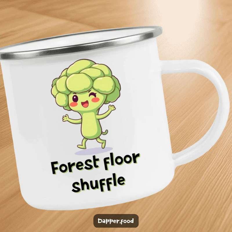 Funny Broccoli Camping Mug with a beaming broccoli floret character doing a joyful jig, built for outdoor fun and healthy laughter.
