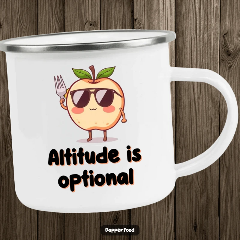 Funny camping mug featuring a blushing apple character with legs and wings, comically trying to fly with a ribbon, for any adventure.