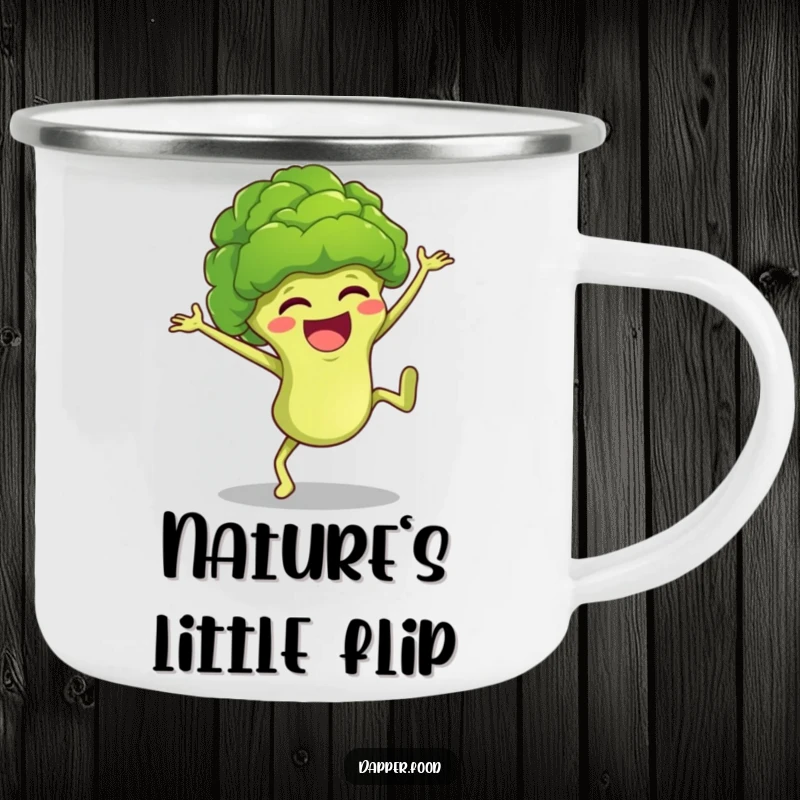 Funny broccoli floret character cartwheeling with glee on a durable camping mug, perfect for outdoor humor.