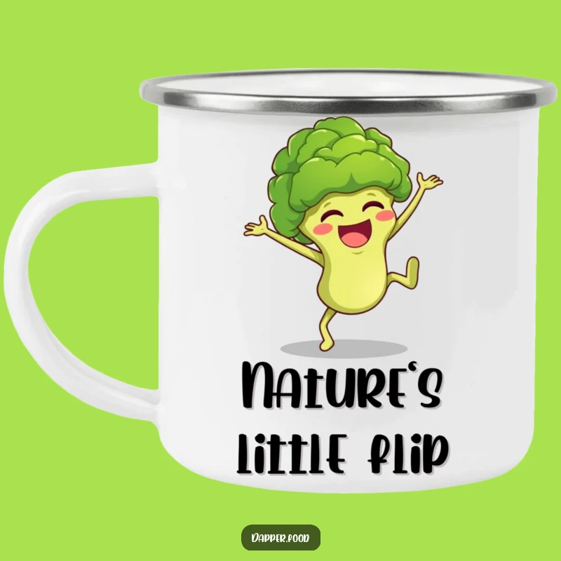 Funny Broccoli Cartwheel Camping Mug Adventure and Laughter on the Go