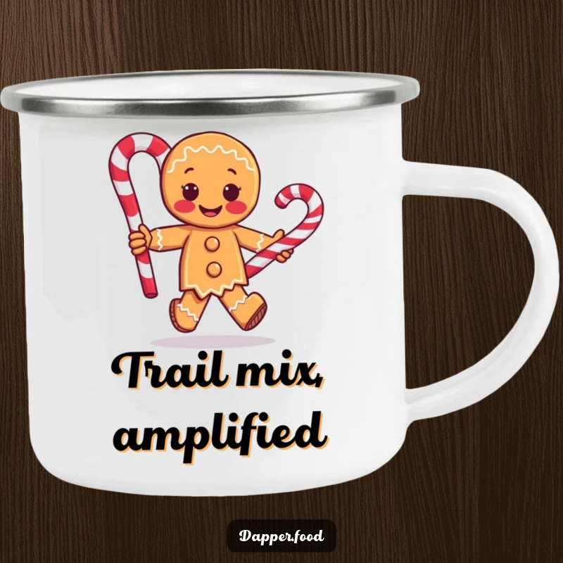 Funny camping mug depicting a gingerbread man character running with a giant candy cane, designed for outdoor adventures and cheerful sipping.