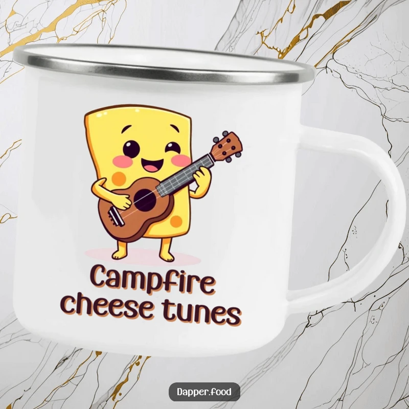 Funny Cheese Ukulele Camping Mug: A smiling cheese slice playing a miniature ukulele, perfect for outdoor music and a funny gift.