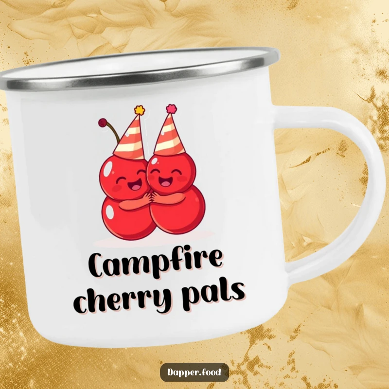 Funny cherries camping mug, cute fruit characters in party hats hugging, durable for outdoor fun, great funny gift.