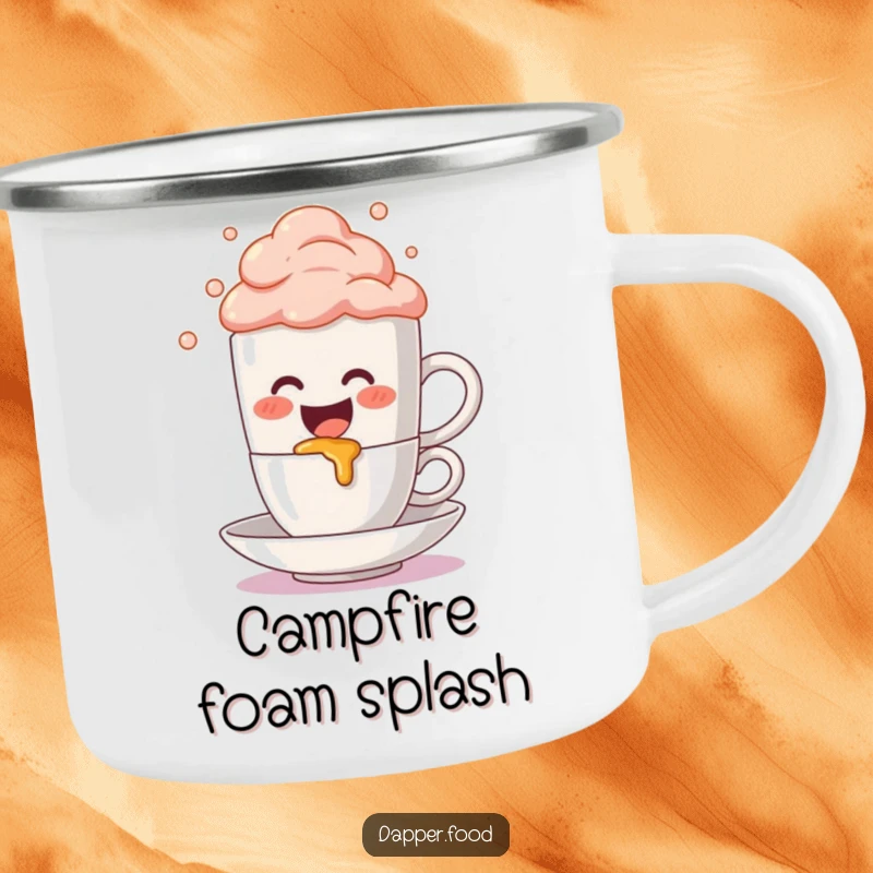 Funny Camping Mug: A cute anthropomorphic coffee mug character gleefully spills bubbly foam, designed for durability and outdoor enjoyment.