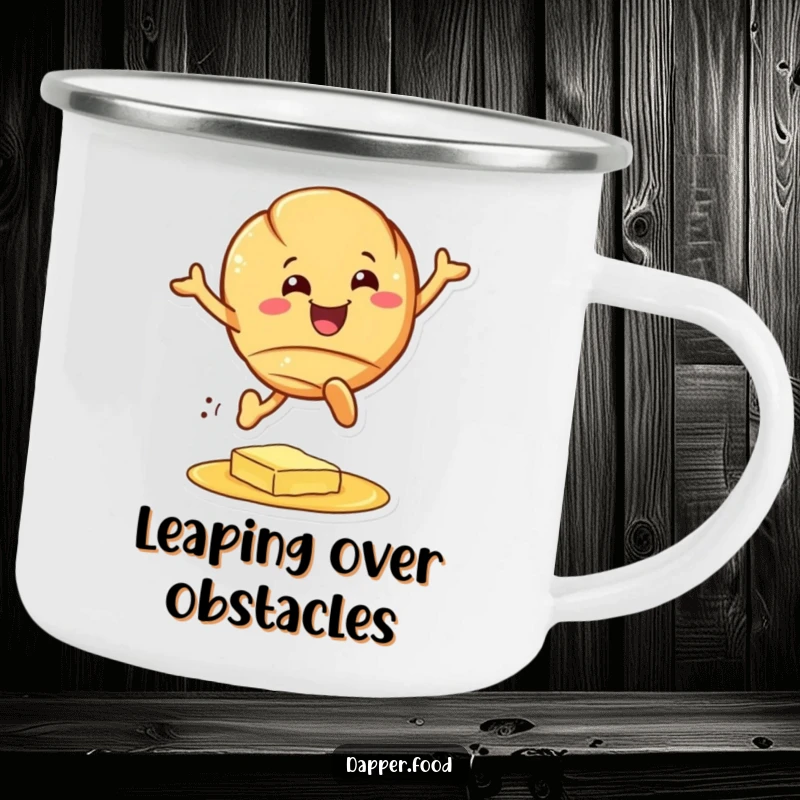 Funny croissant camping mug, a cheerful pastry character leaping over butter, durable for outdoor adventures, great funny gift.