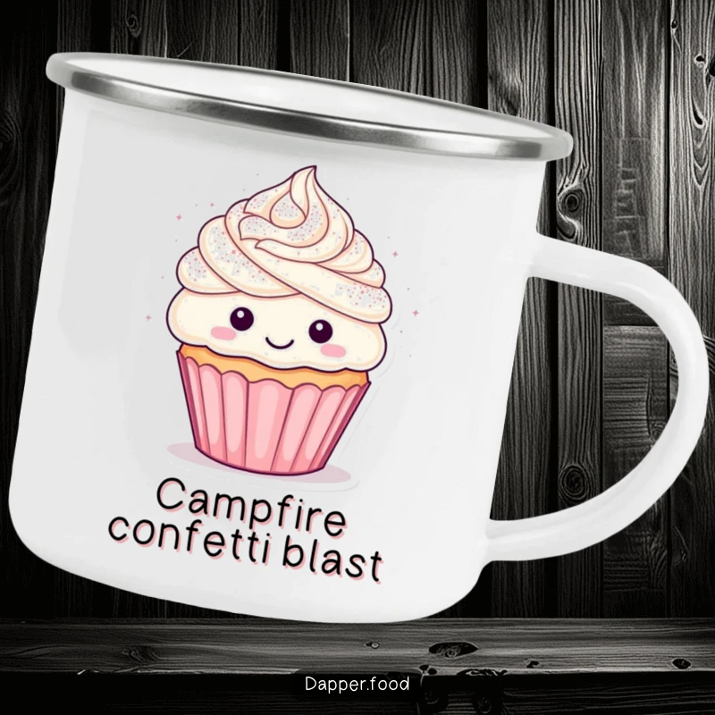 Funny cupcake camping mug adorned with a confetti shower, bringing joyful vibes to outdoor beverages.