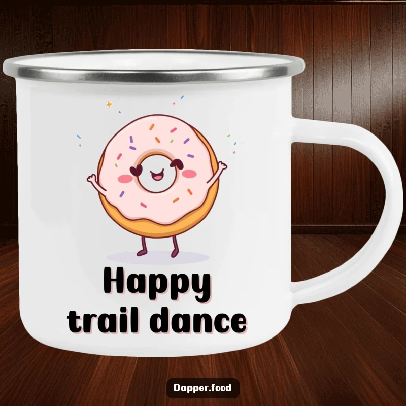Funny Donut Dance Camping Mug: A happy donut character dancing with sprinkles, perfect for outdoor fun and a funny gift.