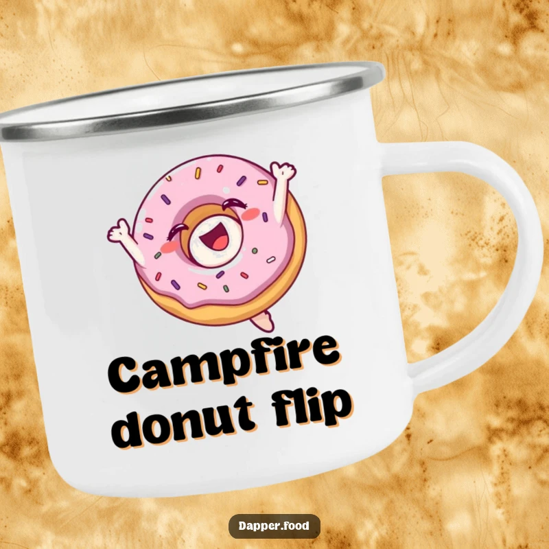 Funny camping mug depicting a delighted donut with sprinkles performing a mid-air flip, bringing sweet cheer to the outdoors.