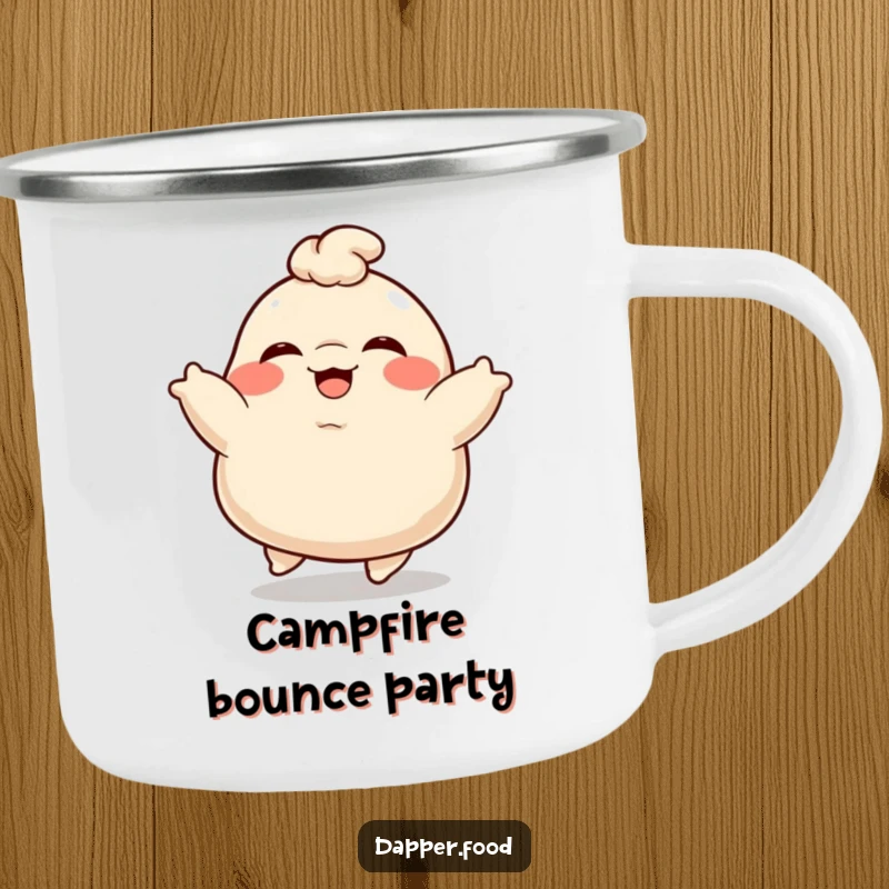 Funny Dumpling Camping Mug: A plump, giggling dumpling character bouncing with delight, perfect for outdoor fun.