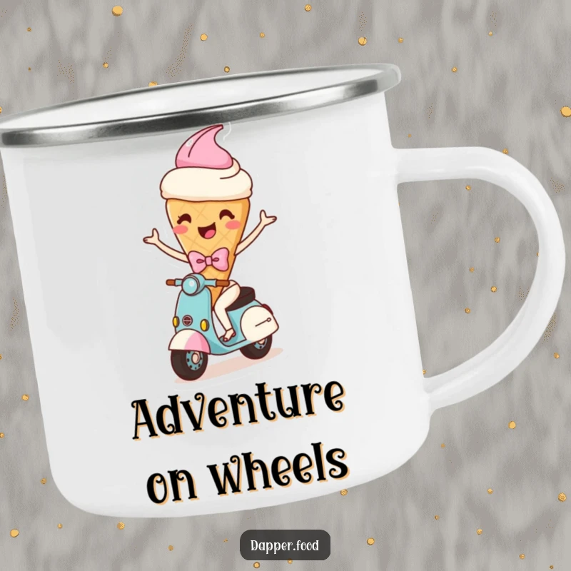 Funny enamel camping mug with a happy ice cream cone character with arms and a bow, comically riding a scooter, for outdoor fun.
