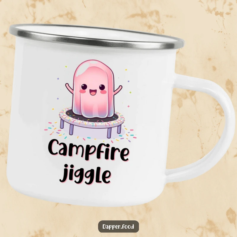 Funny camping mug illustrating a wobbly jelly happily bouncing on a sprinkle trampoline, ideal for sweet outdoor fun.