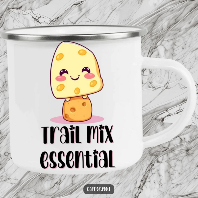 Funny Kawaii cheese character grinning on a cracker, featured on a sturdy camping mug, ready for adventures.