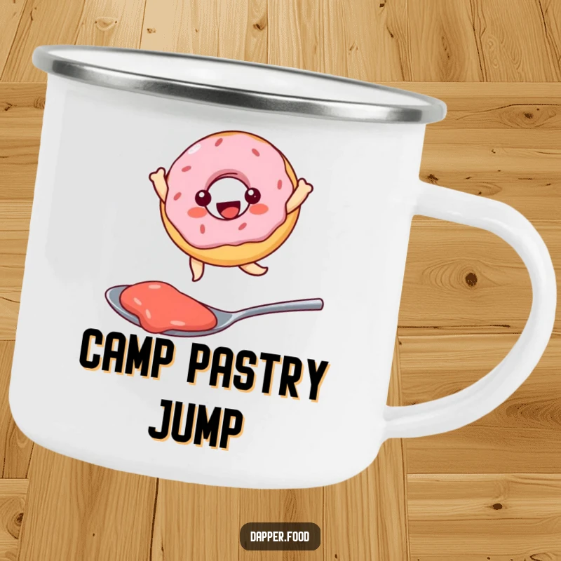 Funny Kawaii donut character joyfully leaping over a spoonful of jam, a humorous camping mug for outdoor adventures.