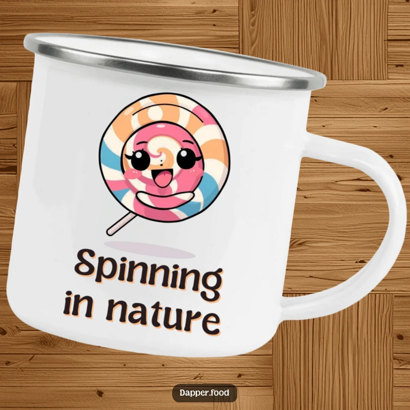 Funny Kawaii Lollipop Camping Mug: A delightful character spinning on an enamel mug, perfect for outdoor fun, a great funny gift.