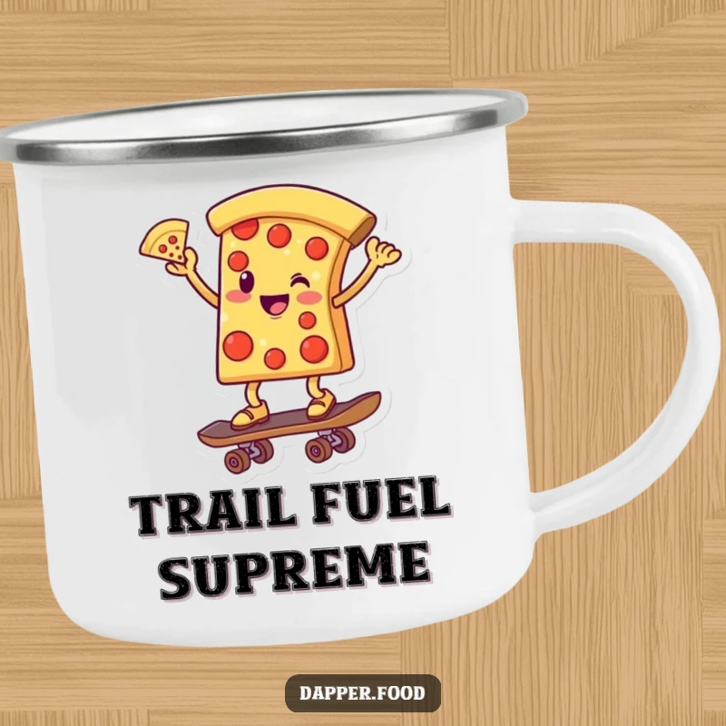 Funny enamel camping mug depicting a smiling pizza slice character balancing on a skateboard under the stars.
