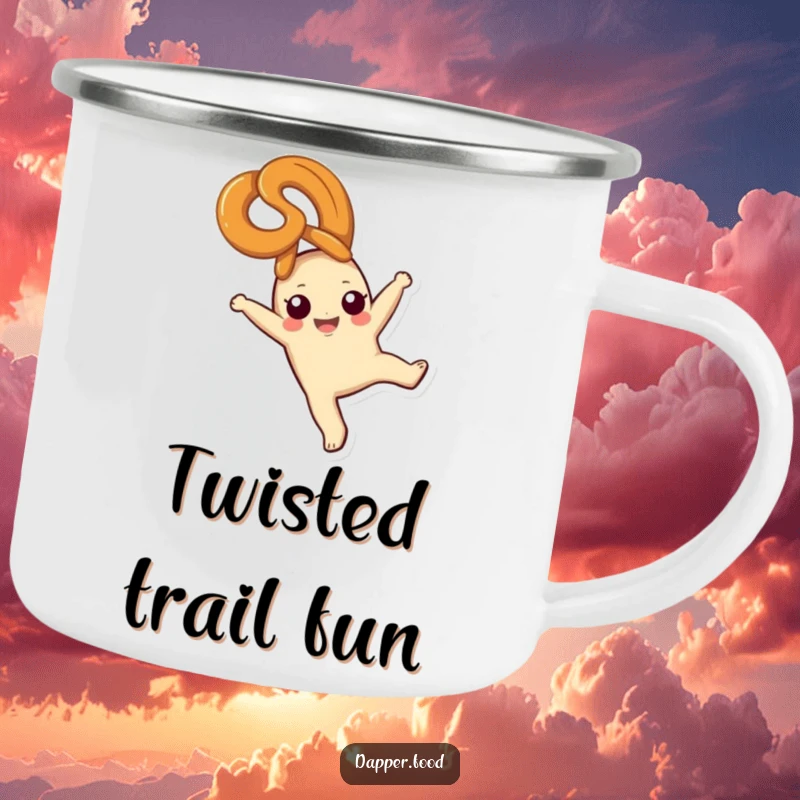 Funny pretzel camping mug, a blissful snack character cartwheeling, durable for outdoor fun, great funny gift.