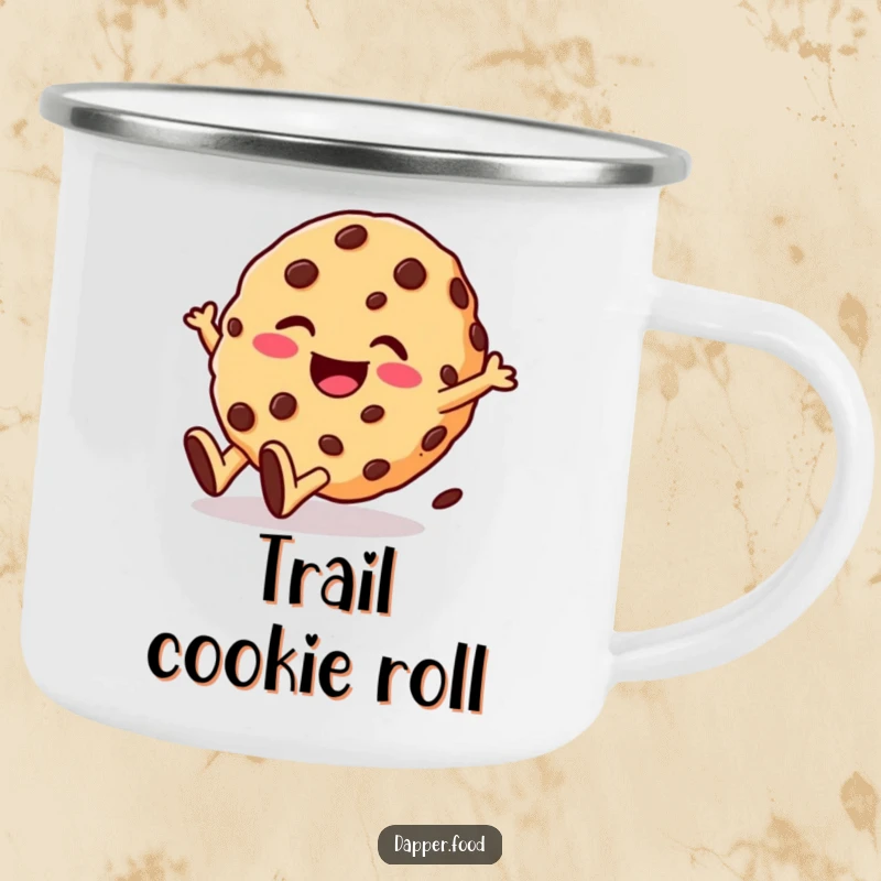Funny camping mug with a giggling cookie character with chocolate chips rolling downhill with glee. Perfect for outdoor fun.