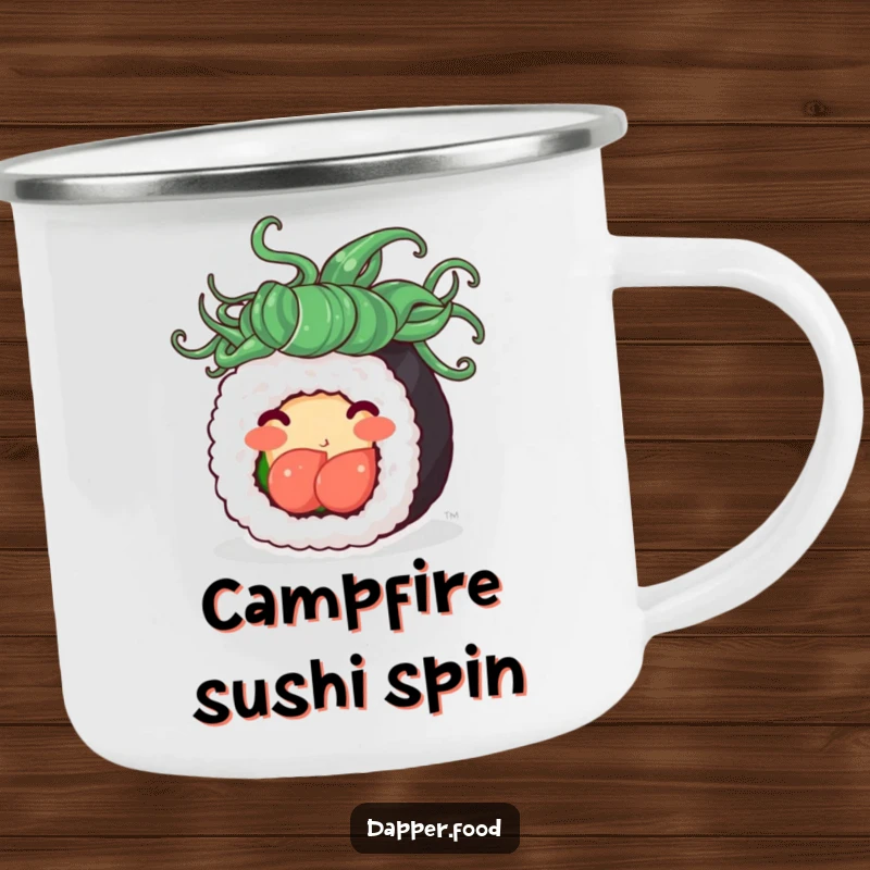 Funny enamel camping mug with a cute sushi roll flaunting seaweed hair, spinning with joy, perfect for outdoor meals and humor.