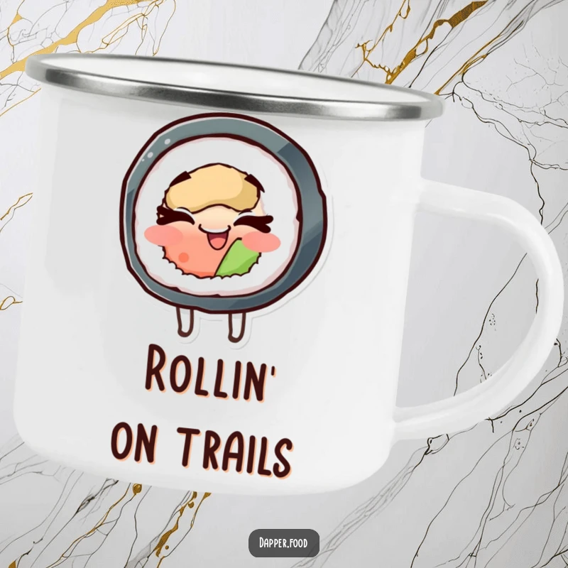 Funny camping mug depicting a happy sushi roll character spinning blissfully with closed eyes, bringing cheer to adventures.