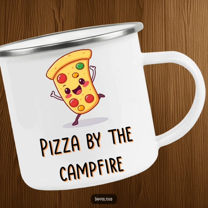 Funny camping mug featuring a happy pizza character doing a cartwheel with wobbling toppings, durable and humorous for adventurers.
